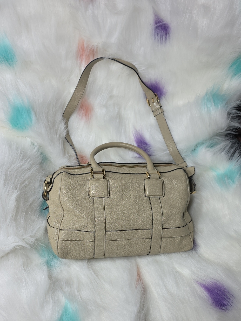 Authentic LOEWE Leather Satchel with Embossed Logo - Nude /Beige Color